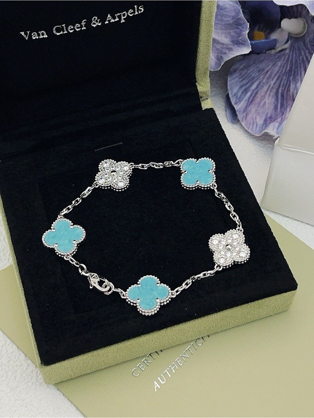 Van Cleef & Arpels Turquoise Alhambra Four-Leaf Bracelet in Silver